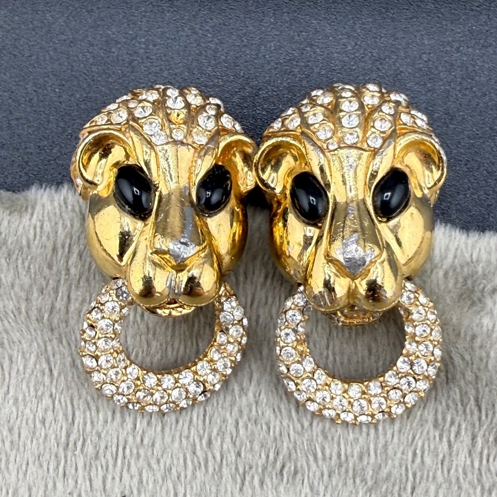 Vintage Ciner‎ Clip On Earrings Lion Rhinestone Signed